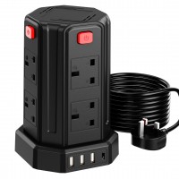 Tower Extension Lead with USB Slots 3M, (13A 3250W) 4 USB Ports and 8 Way Extension Tower, Surge Protection Extension Lead with 4 Independent Control Switch, Extension Cable for Home, Office, Kitchen