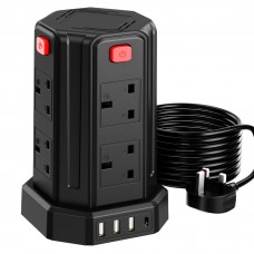Tower Extension Lead with USB Slots 3M, (13A 3250W) 4 USB Ports and 8 Way Extension Tower, Surge Protection Extension Lead with 4 Independent Control Switch, Extension Cable for Home, Office, Kitchen