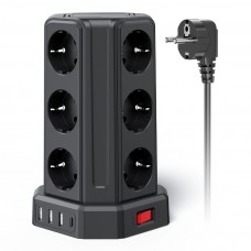 Torre Regletas Enchufes con Cable 5M, Regleta USB 12 Tomas de AC Corrientes y 4 USB, 3680W/16A, Regreltas Vertical con Interruptor para Mesa, Oficia, Casa 