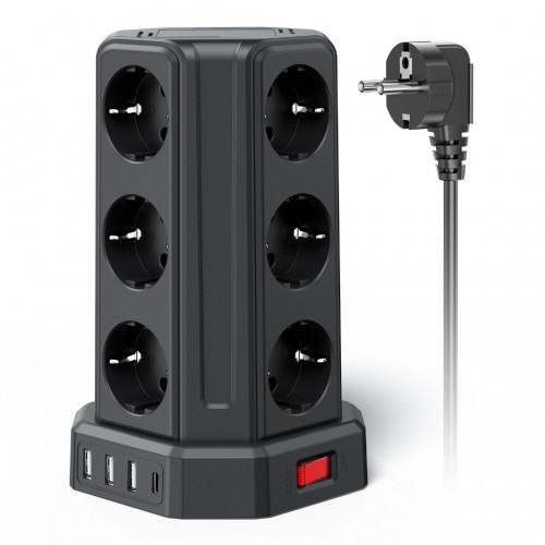 Torre Regletas Enchufes con Cable 5M, Regleta USB 12 Tomas de AC Corrientes y 4 USB, 3680W/16A, Regreltas Vertical con Interruptor para Mesa, Oficia, Casa 