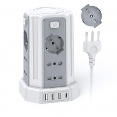 Power Strip 3 m with 12 Universal Sockets 10/16A ITA and Schuko and 3 USB A+1 USB C Overvoltage Protection with 4 Independent Switches, White Power Strip 3 m with 12 Universal Sockets 10/16A ITA and Schuko and 3 USB A+1 USB C Overvoltage Protection with 4 Independent Switches, White