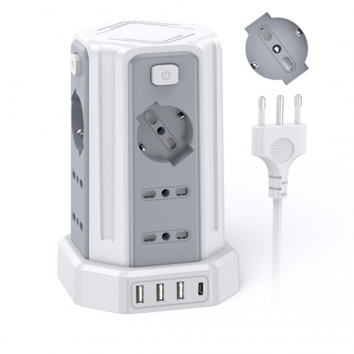Power Strip 3 m with 12 Universal Sockets 10/16A ITA and Schuko and 3 USB A+1 USB C Overvoltage Protection with 4 Independent Switches, White Power Strip 3 m with 12 Universal Sockets 10/16A ITA and Schuko and 3 USB A+1 USB C Overvoltage Protection with 4 Independent Switches, White