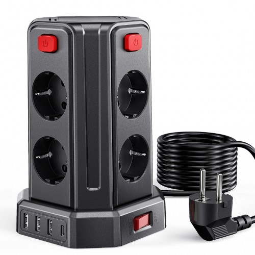 Sameriver 3M Power Strip, with 8 Sockets and 3 USB A+1 USB C(2500W/10A), Surge Protection with Independent Switches, Black