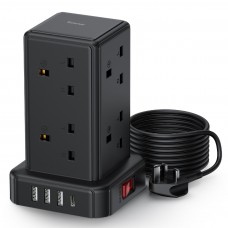 Tower Extension Lead with 4 USB Slots, 8 Way Multi Plug Extension Tower with Surge Protection Extension Cord Switch [13A 3250W], 2M Extension Cable Power Strip for Home, Office, Bedroom.