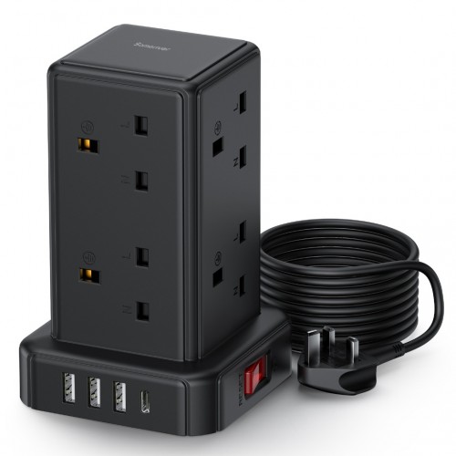 Tower Extension Lead with 4 USB Slots, 8 Way Multi Plug Extension Tower with Surge Protection Extension Cord Switch [13A 3250W], 2M Extension Cable Power Strip for Home, Office, Bedroom.