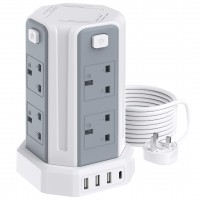 Tower Extension Lead with USB Slots 3M, (13A 3250W) 4 USB Ports and 8 Way Extension Tower, Surge Protection Extension Lead with 4 Independent Control Switch, Extension Cable for Home, Office, Kitchen
