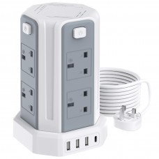 Tower Extension Lead with USB Slots 3M, (13A 3250W) 4 USB Ports and 8 Way Extension Tower, Surge Protection Extension Lead with 4 Independent Control Switch, Extension Cable for Home, Office, Kitchen