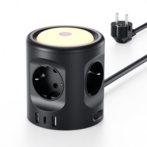 Power Strip with Light, 4-Way Multiple Socket with 3 USB Power Strip, Surge Protection, Multiple Plug, Cube, 3 Lighting Modes, 2 m Extension Cable, Socket Tower for Home, Office, 16 A Power Strip with Light, 4-Way Multiple Socket with 3 USB Power Strip, Surge Protection, Multiple Plug, Cube, 3 Lighting Modes, 2 m Extension Cable, Socket Tower for Home, Office, 16 A