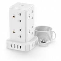 Tower Extension Lead with 4 USB Slots, 8 Way Multi Plug Extension Tower with Surge Protection Extension Cord Switch [13A 3250W], 2M Extension Cable Power Strip for Home, Office, Bedroom.