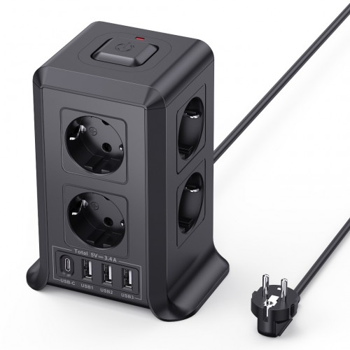 Multiple socket outlet with switch, Sameriver 8 compartment multiple socket strip with 4 USB, multiple plug surge protection, 2M extension cable socket tower for home, office