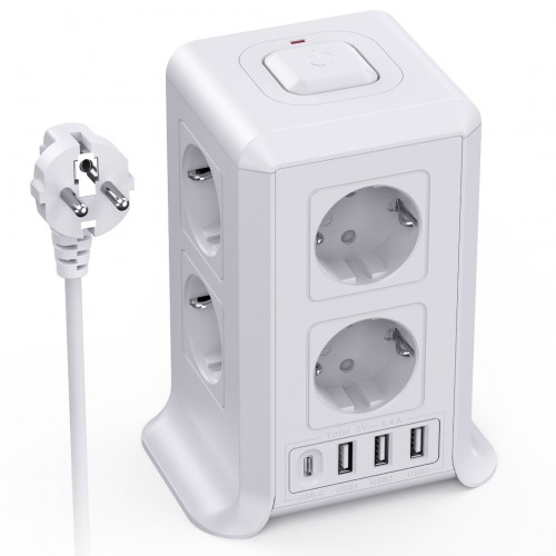 Multiple socket outlet with switch, Sameriver 8 compartment multiple socket strip with 4 USB, multiple plug surge protection, 2M extension cable socket tower for home, office